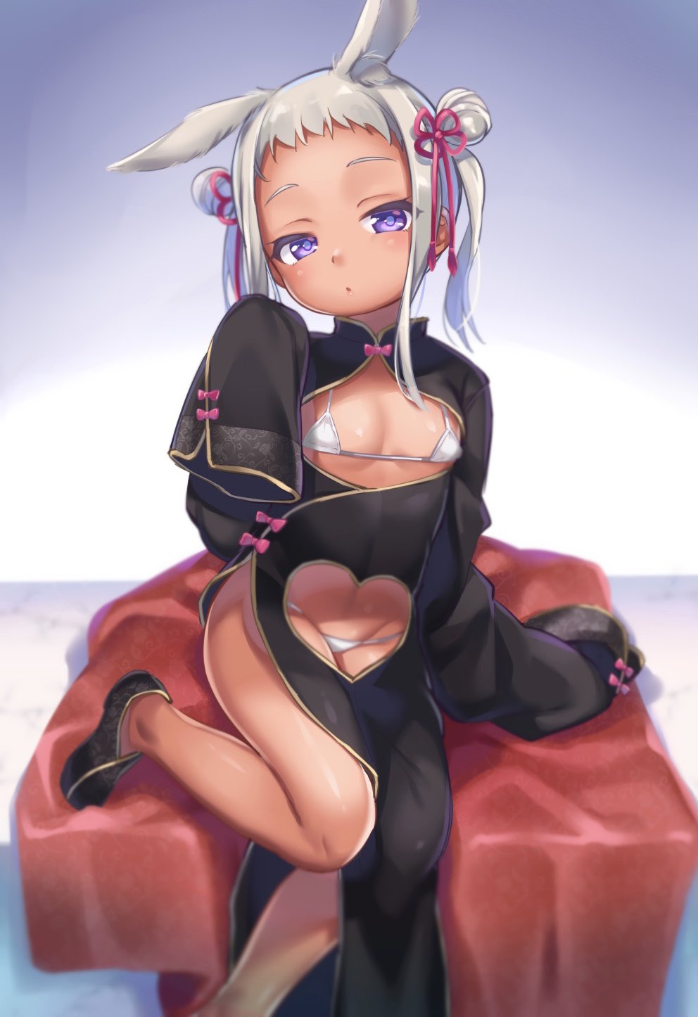 1girl animal_ears bikini black_footwear breasts china_dress chinese_clothes cleavage_cutout closed_mouth clothing_cutout commentary crotch_cutout double_bun dress feet_out_of_frame forehead grey_hair groin heart_cutout highres long_sleeves looking_at_viewer maki_(natoriumu) original oversized_clothes rabbit rabbit_ears shoes sleeves_past_fingers sleeves_past_wrists small_breasts solo swimsuit symbol-only_commentary twintails violet_eyes white_bikini