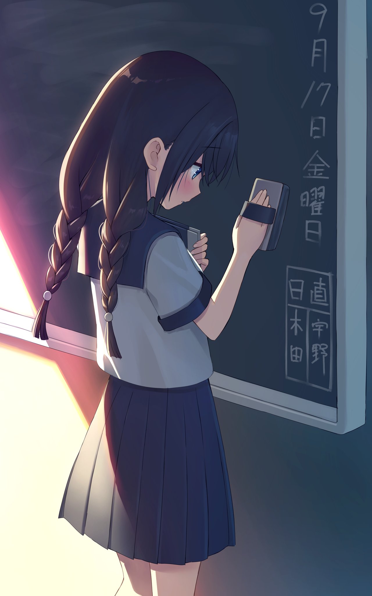 1girl bangs black_sailor_collar black_skirt blue_eyes blush board_eraser braid chalkboard commentary_request eyebrows_visible_through_hair feet_out_of_frame from_behind hair_between_eyes hands_up highres holding indoors long_hair low_twintails na-ga original pleated_skirt profile sailor_collar school_uniform serafuku shirt short_sleeves skirt solo standing sunset translation_request twin_braids twintails white_shirt
