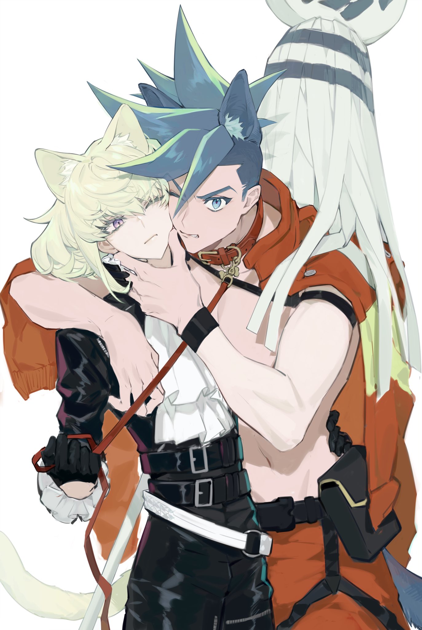 2boys animal_ears arm_around_shoulder armband ascot belt belt_pouch black_gloves black_jacket black_pants blue_eyes blue_hair cat_ears cat_tail cheek-to-cheek collar galo_thymos gloves grabbing_another's_chin green_hair half_gloves hand_on_another's_chin hand_on_another's_waist heads_together highres inuyama_(inuhill) jacket jacket_on_shoulders leash leash_pull leather leather_jacket leather_pants lio_fotia male_focus multiple_boys navel one_eye_closed orange_jacket orange_pants pants pouch promare red_collar short_hair sidecut simple_background spiky_hair studded_belt tail violet_eyes white_background wristband