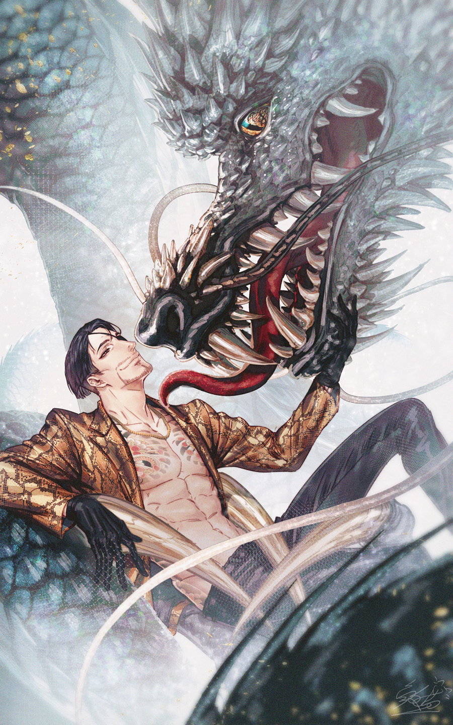 1boy black_eyepatch black_hair black_pants chest_tattoo commentary_request creature dragon eye_contact eyepatch facial_hair gloves goatee highres jacket jiao_mao leather leather_gloves leather_pants looking_at_another majima_gorou navel open_clothes open_jacket pants pectorals ryuu_ga_gotoku ryuu_ga_gotoku_1 short_hair snake_print snakeskin solo_focus tattoo toned toned_male