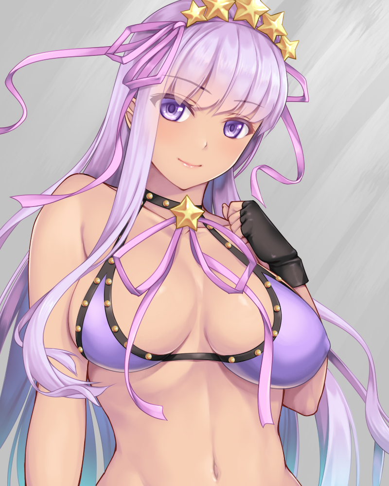 1girl bb_(fate) bb_(swimsuit_mooncancer)_(fate) breasts breasts_apart collarbone dark_skin fate/grand_order fate_(series) hair_ornament hair_ribbon large_breasts long_hair looking_at_viewer navel nipples purple_hair purple_ribbon ribbon smile solo star_(symbol) star_hair_ornament tan upper_body violet_eyes yuhji