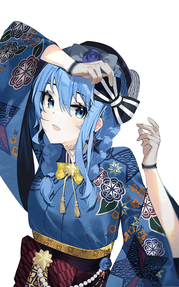 1girl arm_up beret blue_eyes blue_hair blue_kimono bow braid earrings fishnet_gloves fishnets floral_print gloves hair_between_eyes hair_bow hat hat_bow hololive hoshimachi_suisei japanese_clothes jewelry kimono long_hair long_sleeves looking_at_viewer mania_(fd6060_60) obi open_mouth sash simple_background solo star_(symbol) star_earrings star_in_eye striped striped_bow symbol_in_eye tassel twin_braids upper_body virtual_youtuber white_background wide_sleeves yellow_neckwear yukata