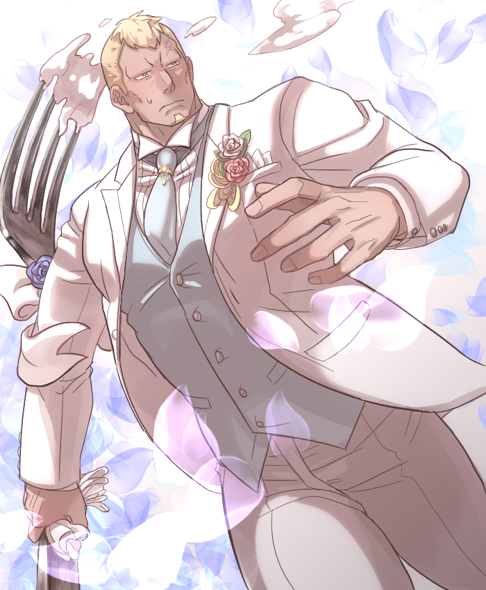 1boy benny_(fire_emblem) blonde_hair blue_neckwear blue_vest boutonniere bow fire_emblem fire_emblem_fates fork formal frown holding holding_fork long_sleeves necktie nonbiri_monban oversized_object pants scar scar_on_face scar_on_forehead solo suit sweatdrop vest white_pants white_suit
