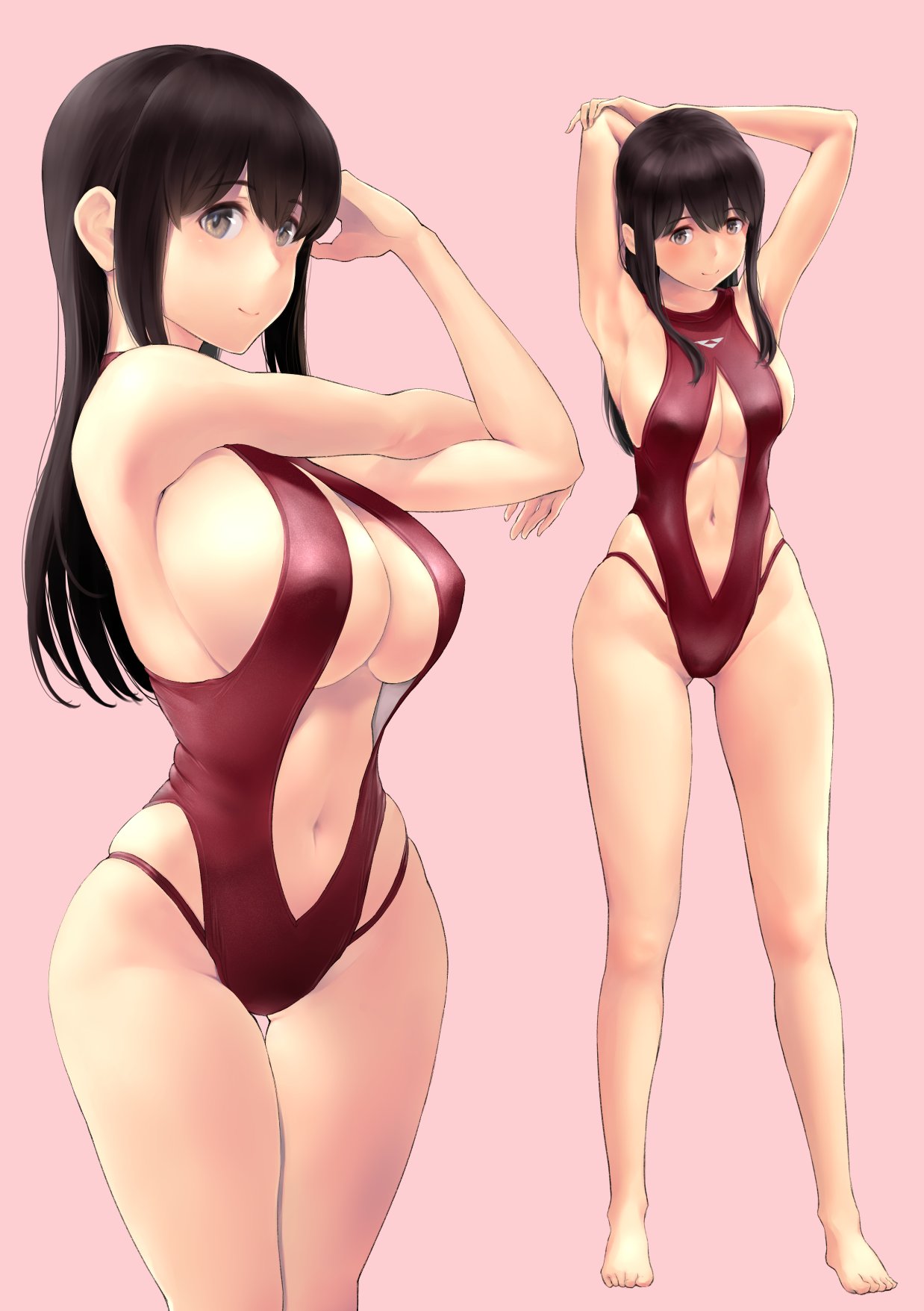 1girl akagi_(kancolle) armpits arms_behind_head arms_up bangs bare_arms bare_legs barefoot blush breasts brown_eyes brown_hair closed_mouth clothing_cutout covered_nipples eyebrows_visible_through_hair full_body hair_between_eyes highleg highleg_swimsuit highres kantai_collection long_hair looking_at_viewer medium_breasts multiple_views navel navel_cutout one-piece_swimsuit pink_background red_swimsuit shiny shiny_hair simple_background smile standing stomach swimsuit toes wa_(genryusui)