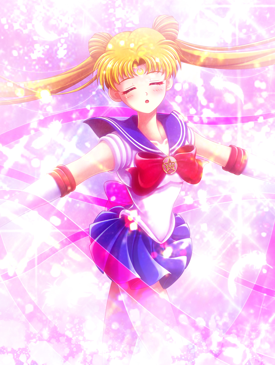 1girl bishoujo_senshi_sailor_moon blonde_hair blue_sailor_collar blue_skirt blush bow bowtie closed_eyes collarbone collared_shirt double_bun elbow_gloves floating_hair gloves hair_intakes hatomura_(tareneko_club) highres long_hair miniskirt open_mouth pleated_skirt red_bow red_neckwear sailor_collar sailor_collar_lift sailor_moon sailor_senshi_uniform sailor_shirt shirt short_sleeves skirt solo standing twintails very_long_hair white_gloves white_shirt