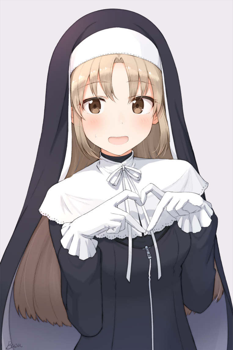 bangs basa_rutan blush breasts brown_eyes brown_hair commentary_request eyebrows_visible_through_hair gloves grey_background habit heart heart_hands long_hair long_sleeves looking_at_viewer nijisanji nun open_mouth parted_bangs puffy_long_sleeves puffy_sleeves simple_background sister_cleaire small_breasts sweat upper_body veil very_long_hair virtual_youtuber white_gloves
