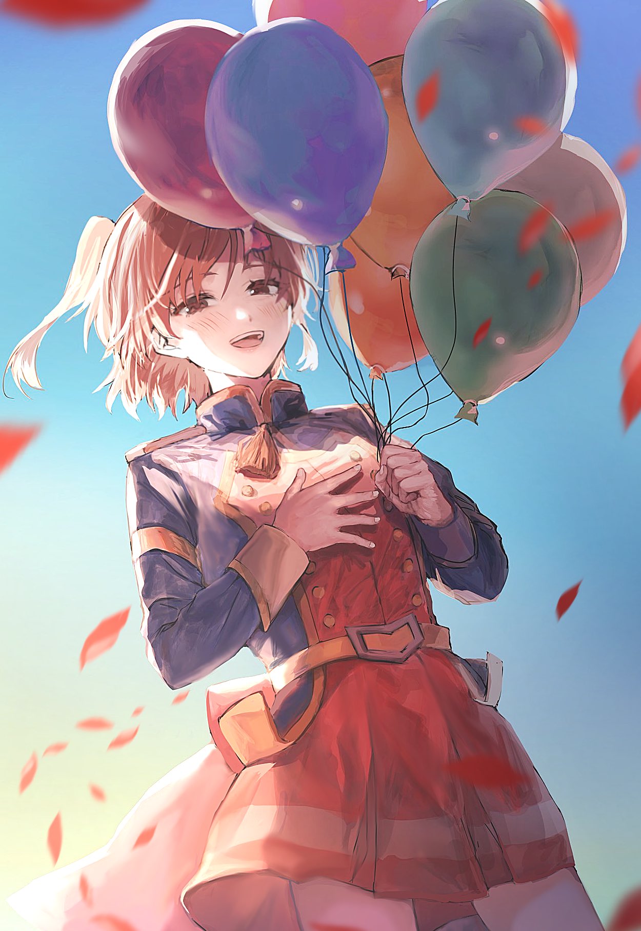 1girl :d aijou_karen backlighting balloon bangs belt blue_jacket blue_sky blurry blurry_foreground blush brown_eyes brown_hair buttons commentary_request cowboy_shot dutch_angle epaulettes eyebrows_visible_through_hair falling_petals from_below gradient_sky hair_between_eyes half-closed_eyes hand_on_own_chest hands_up high_collar highres holding holding_balloon jacket long_sleeves looking_at_viewer miniskirt multicolored multicolored_clothes multicolored_jacket open_mouth outdoors petals red_jacket red_skirt shiny shiny_hair short_hair shoujo_kageki_revue_starlight single_stripe skirt sky smile solo sorano_(azu_mine) standing striped striped_skirt tassel two_side_up upper_teeth waist_cape yellow_belt
