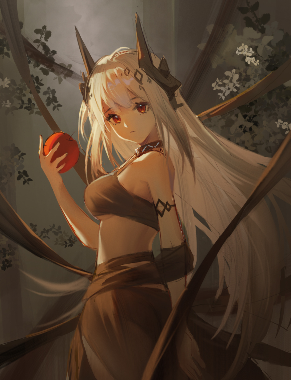 1girl apple arknights bilibilida black_collar black_swimsuit breasts collar cowboy_shot demon_horns flower food from_side fruit hair_ornament highres holding holding_food holding_fruit horns large_breasts long_hair looking_at_viewer mudrock_(arknights) mudrock_(silent_night)_(arknights) official_alternate_costume red_eyes solo swimsuit under_boob very_long_hair white_flower white_hair