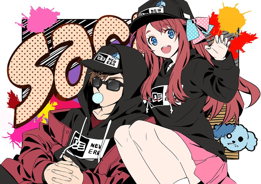 1boy 1girl bangs baseball_cap black_headwear black_hoodie blue_bow blue_eyes bow brown_hair chewing_gum claw_pose clothes_writing da_huang drawstring english_text graffiti hair_bow hands_together hat hood hood_down hood_up hoodie interlocked_fingers jacket long_hair long_sleeves looking_at_viewer looking_to_the_side minamoto_sakura miniskirt open_clothes open_jacket open_mouth paint_splatter pink_bow pink_skirt pleated_skirt polka_dot polka_dot_bow print_headwear red_jacket redhead romero_(zombie_land_saga) short_hair side-by-side sitting skirt smile sunglasses tatsumi_koutarou zombie_land_saga