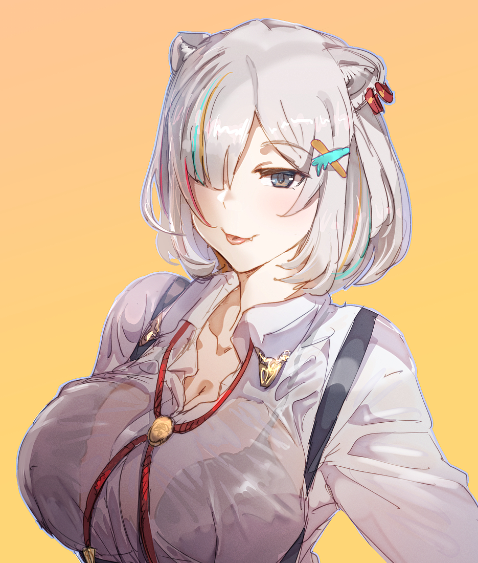 1girl animal_ears black_bra blush bow_(bhp) bra breasts closed_mouth collared_shirt ear_piercing fang grey_hair hair_ornament hair_over_one_eye hololive large_breasts looking_at_viewer multicolored_hair piercing revision see-through_shirt shirt shishiro_botan short_hair simple_background solo tongue tongue_out underwear upper_body white_shirt x_hair_ornament yellow_background