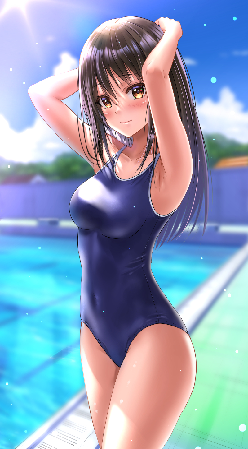1girl arms_up black_hair blue_sky blue_swimsuit blurry blurry_background brown_eyes clouds cowboy_shot day depth_of_field highres long_hair new_school_swimsuit original outdoors pool school_swimsuit sky solo standing swimsuit yukemuriganmo
