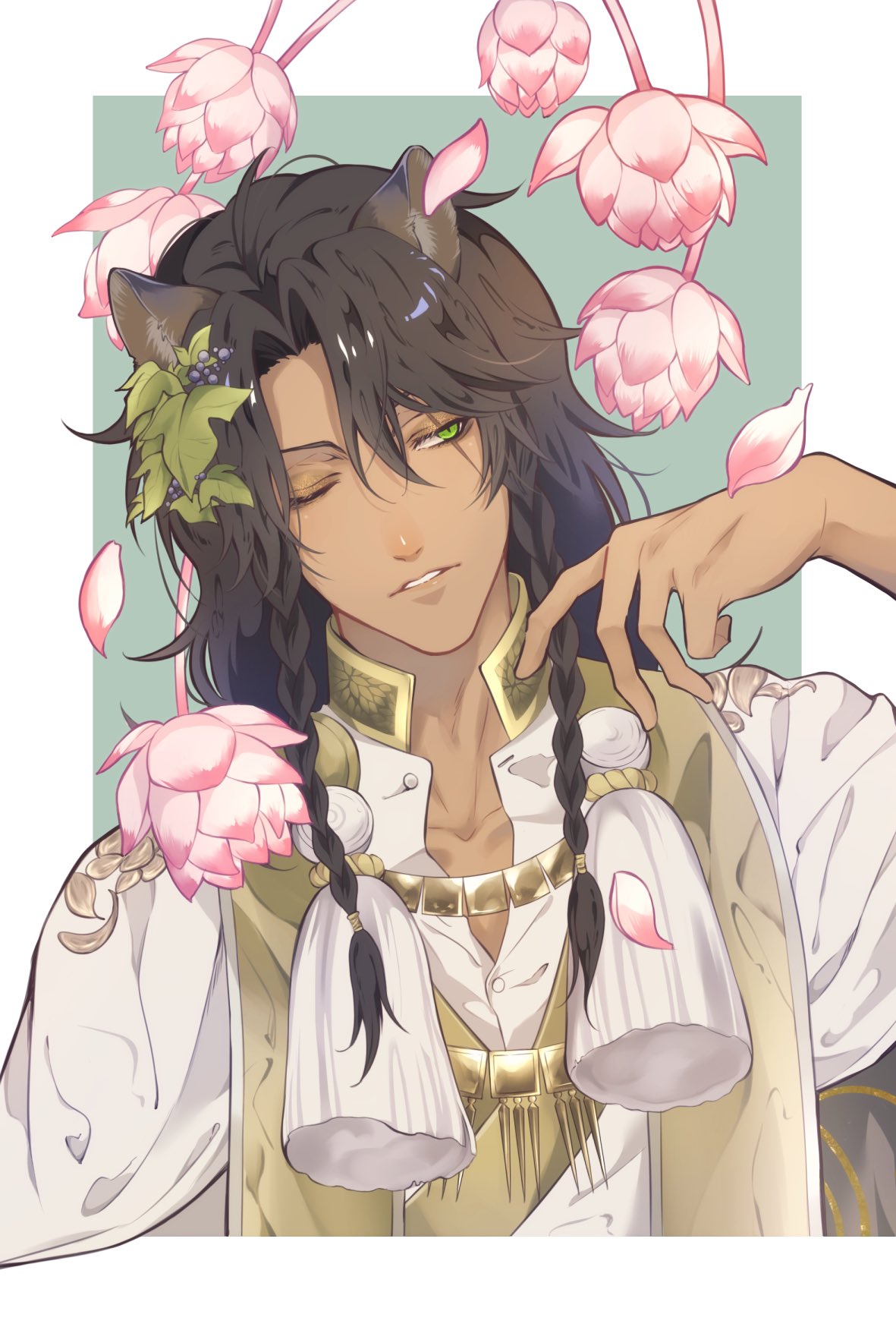 &gt;_o 1boy animal_ears aym4800 braid brown_hair dark-skinned_male dark_skin eyeshadow falling_petals flower green_eyes hand_up highres jacket leona_kingscholar lion_boy lion_ears long_hair makeup male_focus one_eye_closed ornate_clothes parted_lips petals pink_flower simple_background solo twin_braids twisted_wonderland upper_body white_jacket