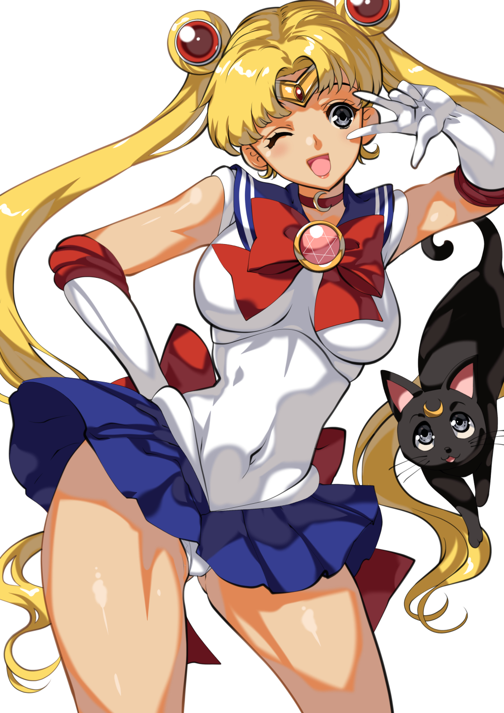 1girl ;d bishoujo_senshi_sailor_moon blonde_hair blue_eyes blue_skirt breasts brooch cat choker commentary_request covered_navel crescent crescent_choker diadem double_bun gloves hand_on_hip highres jewelry large_breasts long_hair looking_to_the_side luna_(sailor_moon) one_eye_closed open_mouth red_choker sailor_moon sailor_senshi_uniform simple_background skirt smile standing tamiya_akito thighs tsukino_usagi twintails v very_long_hair white_background white_gloves