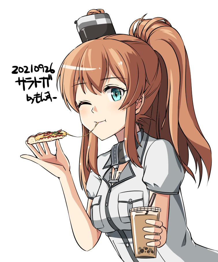 1girl blue_eyes breast_pocket brown_hair bubble_tea character_name dated dress eating food green_eyes hair_between_eyes kantai_collection long_hair monsuu_(hoffman) one-hour_drawing_challenge one_eye_closed pizza pocket ponytail remodel_(kantai_collection) saratoga_(kancolle) side_ponytail sidelocks simple_background smokestack smokestack_hair_ornament solo upper_body white_background white_dress