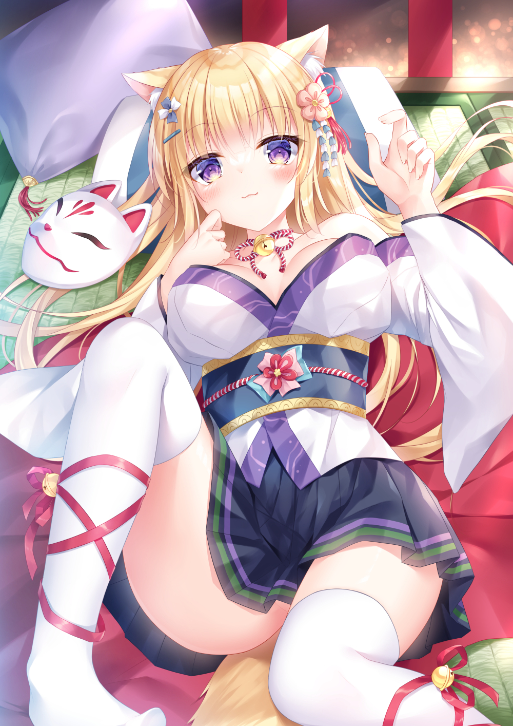1girl animal_ear_fluff animal_ears bangs bare_shoulders bell black_skirt blonde_hair blush breasts closed_mouth commentary_request eyebrows_visible_through_hair feet_out_of_frame fox_ears fox_mask hair_ornament hairclip hands_up highres japanese_clothes jingle_bell kimono knee_up kohinata_hoshimi leg_ribbon long_hair long_sleeves looking_at_viewer lying mask medium_breasts no_shoes obi off_shoulder on_back original pleated_skirt red_ribbon ribbon sash skirt smile solo thigh-highs very_long_hair violet_eyes white_kimono white_legwear wide_sleeves