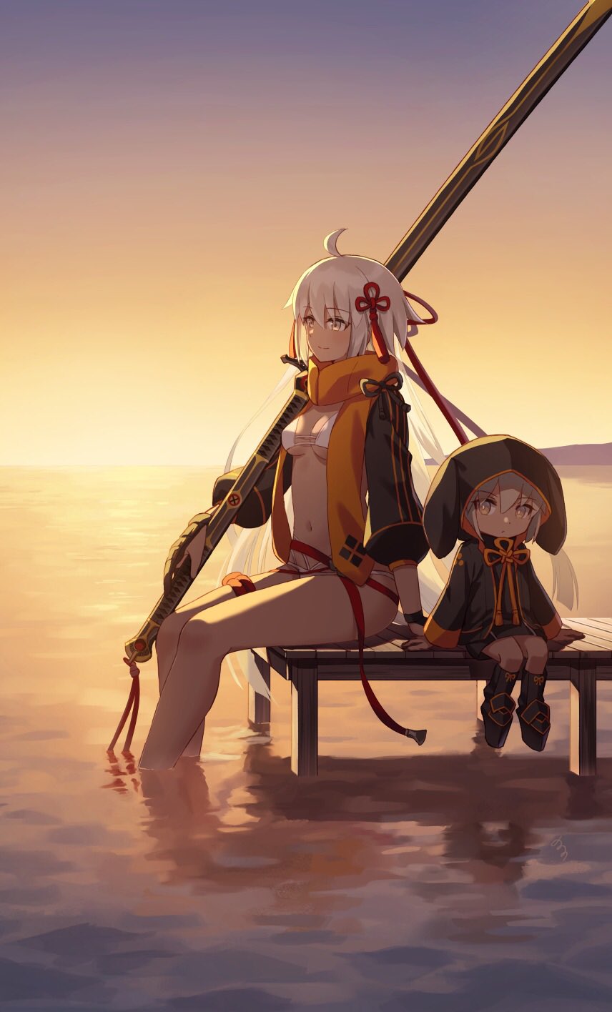 2girls ahoge animal_hood anklet bangs bikini black_gloves black_jacket closed_mouth commentary_request cropped_jacket dark-skinned_female dark_skin eyebrows_visible_through_hair fate/grand_order fate_(series) gloves grey_eyes hair_between_eyes hair_ornament hair_ribbon highres holding holding_sword holding_weapon hood hood_up jacket jewelry katana long_hair long_sleeves looking_at_viewer looking_away multiple_girls navel nonono ocean okita_souji_(alter_swimsuit_saber)_(fate) okita_souji_(fate) orange_scarf partially_fingerless_gloves partially_submerged red_ribbon rengoku_(fate) ribbon scarf shrug_(clothing) sitting smile straight_hair sunset swimsuit sword tassel very_long_hair water weapon white_bikini white_hair white_swimsuit yellow_neckwear