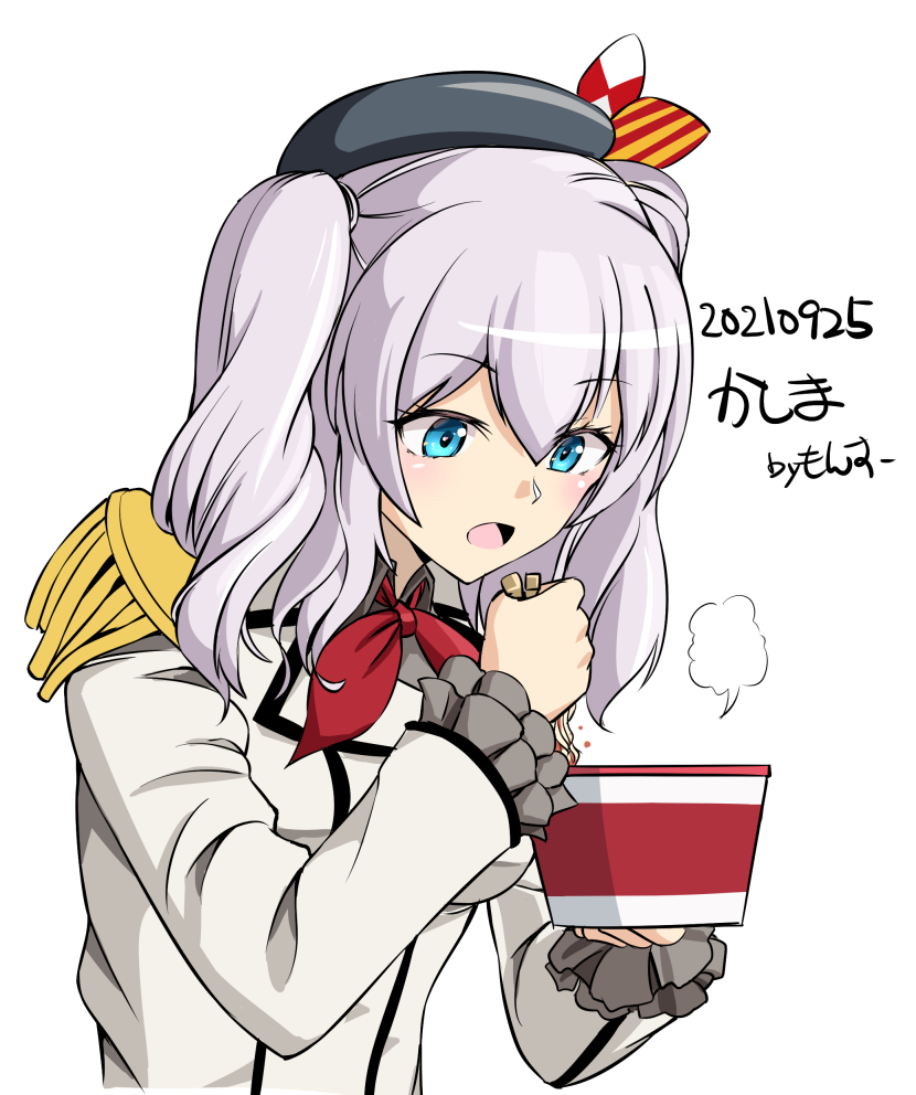 1girl artist_name beret black_headwear blue_eyes character_name chopsticks dated epaulettes frilled_sleeves frills gloves hat jacket kantai_collection kashima_(kancolle) long_sleeves military_jacket monsuu_(hoffman) neckerchief one-hour_drawing_challenge ramen red_neckwear sidelocks silver_hair simple_background solo twintails upper_body wavy_hair white_background white_gloves white_jacket