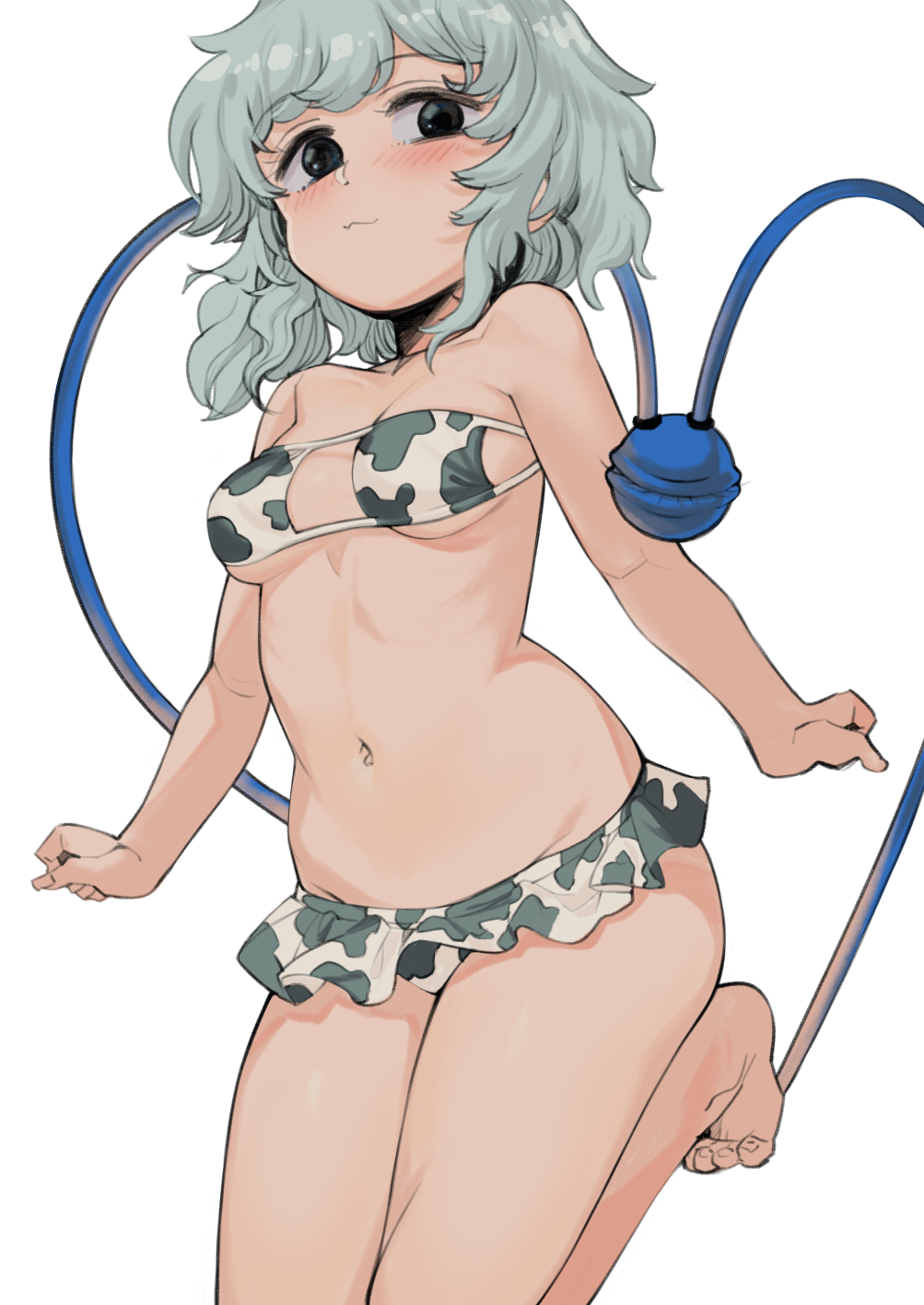 1girl animal_print bare_arms bare_legs bare_shoulders barefoot bikini blush breasts closed_mouth cow_print eyeball eyebrows_visible_through_hair geppewi green_eyes green_hair highres komeiji_koishi navel short_hair simple_background small_breasts solo swimsuit third_eye touhou wavy_hair white_background white_bikini