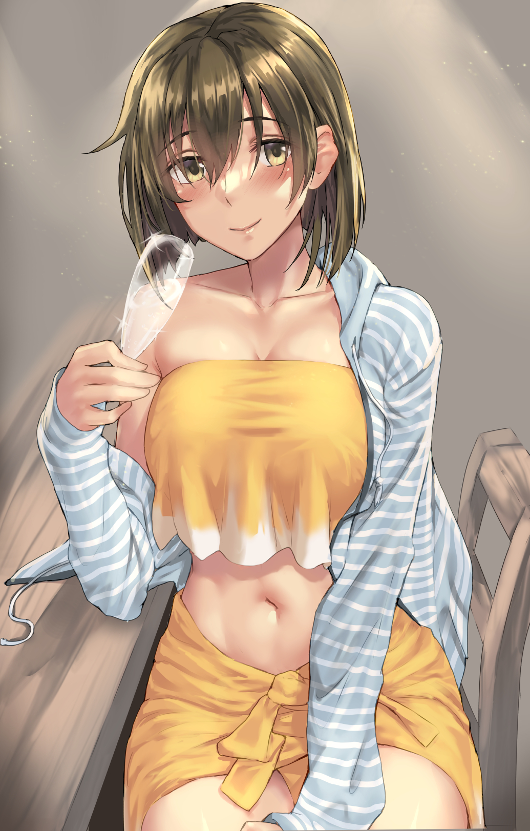 1girl bikini breasts brown_eyes brown_hair collarbone cup drinking_glass hair_down highres hiryuu_(kancolle) holding holding_cup hood hood_down hoodie kantai_collection kokuzou large_breasts long_sleeves navel open_clothes open_hoodie sarong sitting smile solo strapless strapless_bikini striped striped_hoodie swimsuit yellow_bikini yellow_sarong