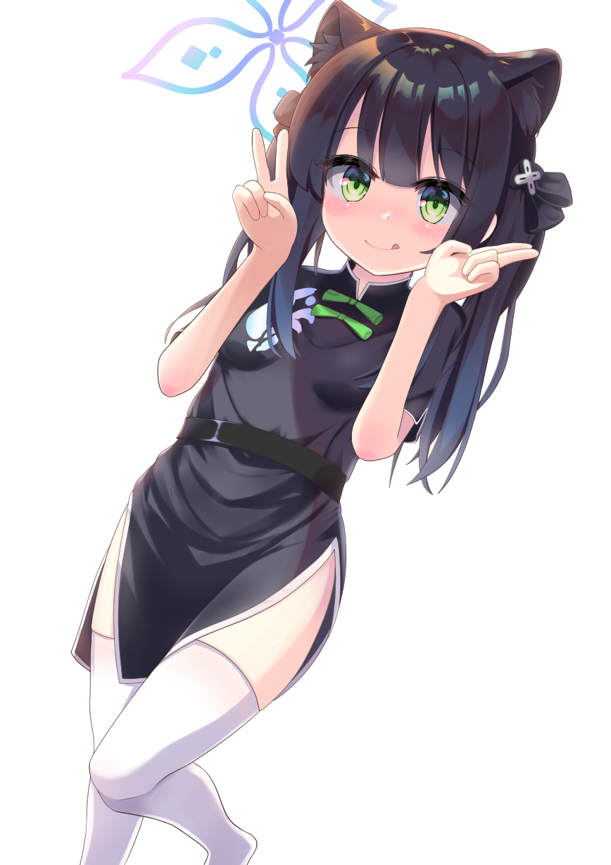 1girl :p animal_ear_fluff animal_ears arms_up bangs black_dress black_hair blue_archive blunt_bangs china_dress chinese_clothes double_v dress furannsupaku green_eyes highres leg_lift long_hair short_sleeves shun_(blue_archive) simple_background smile solo standing standing_on_one_leg thigh-highs thighs tiger_ears tiger_girl tongue tongue_out twintails v white_background white_legwear