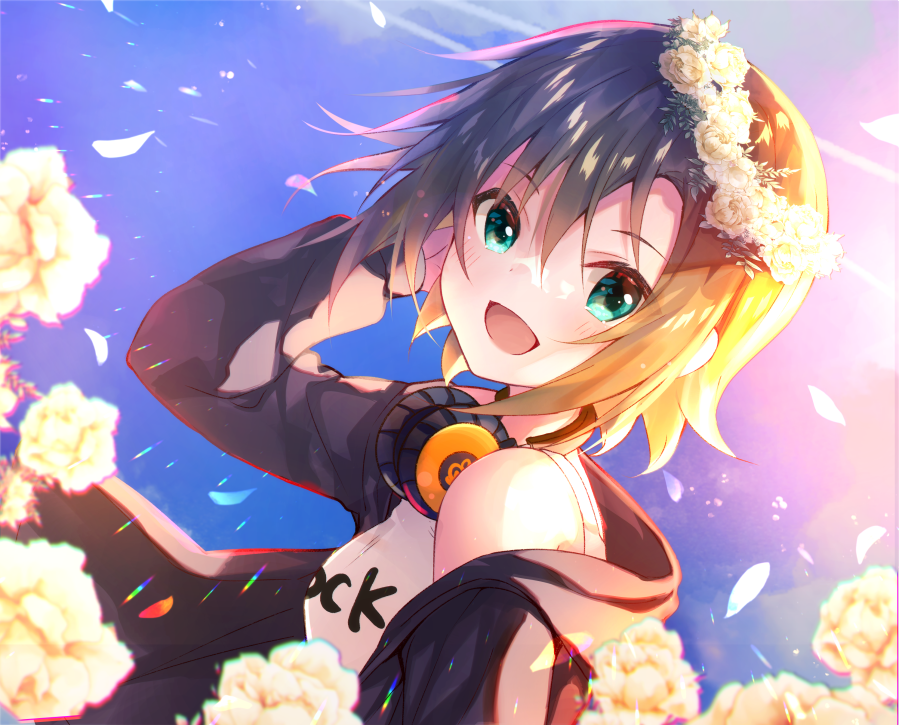 1girl :d bangs brown_hair cardigan eyebrows_visible_through_hair flower from_side green_eyes grey_cardigan hair_between_eyes hair_flower hair_ornament hand_in_hair head_wreath headphones headphones_around_neck hood hood_down hooded_cardigan idolmaster idolmaster_cinderella_girls long_sleeves looking_at_viewer open_cardigan open_clothes open_mouth petals print_shirt rocomani shiny shiny_hair shirt short_hair sleeveless sleeveless_shirt smile solo tada_riina upper_body white_flower white_shirt