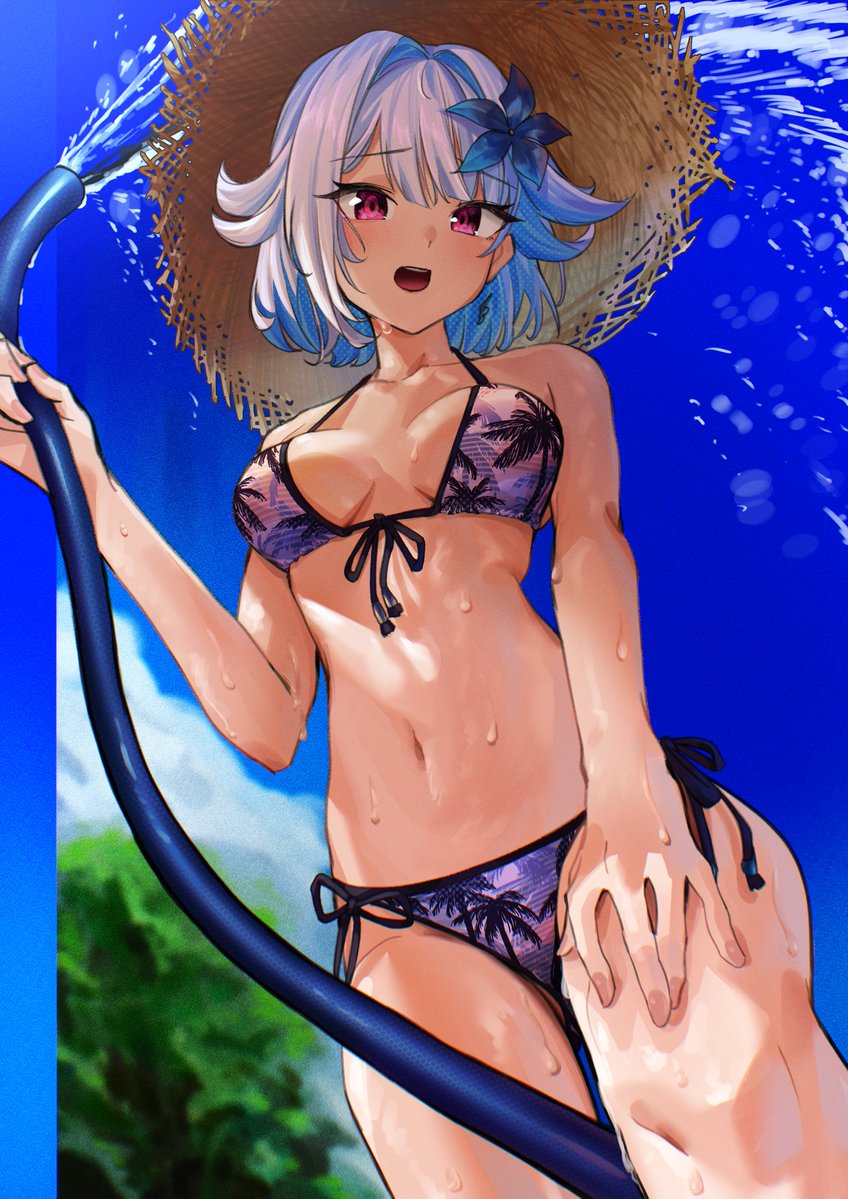 1girl bangs between_thighs bikini blue_bikini blue_flower blue_hair blush breasts colored_inner_hair covered_navel day eyebrows_visible_through_hair flipped_hair flower from_below front-tie_bikini front-tie_top gradient_bikini hair_between_eyes hair_flower hair_ornament hand_on_own_thigh hat holding holding_hose hose lize_helesta looking_at_viewer medium_breasts multicolored_hair navel nijisanji open_mouth outdoors print_bikini short_hair side-tie_bikini silver_hair sky solo stomach straw_hat striped striped_bikini swimsuit two-tone_hair urokong vaporwave violet_eyes virtual_youtuber water wet