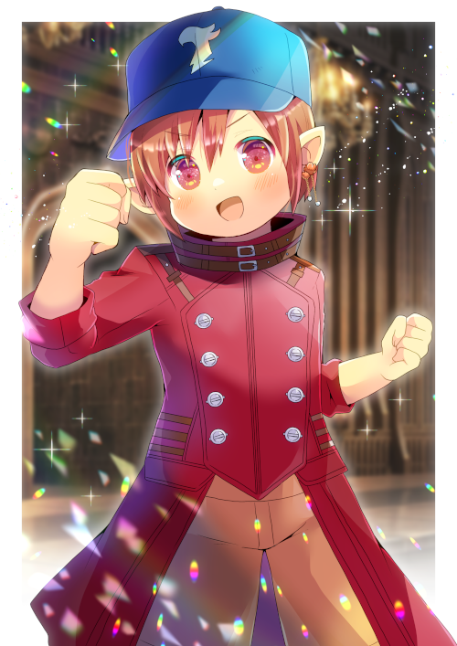 1girl :d bangs baseball_cap blue_headwear blurry blurry_background brown_hair brown_pants clenched_hand coat commission depth_of_field eyebrows_visible_through_hair hair_between_eyes hand_up hat kou_hiyoyo long_sleeves looking_at_viewer open_mouth original pants pointy_ears red_coat red_eyes skeb_commission smile solo standing v-shaped_eyebrows
