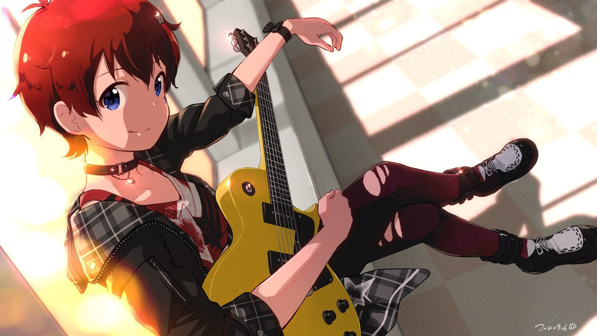 bangs black_choker black_footwear black_jacket black_wristband blue_eyes boots choker commentary dated dutch_angle electric_guitar facepaint foreshortening guitar holding holding_instrument idolmaster idolmaster_million_live! instrument jacket julia_(idolmaster) leather leather_jacket looking_at_viewer nagian pantyhose red_tank_top redhead short_hair sitting smile sunset tank_top tile_floor tiles torn_clothes torn_legwear very_short_hair window wristband