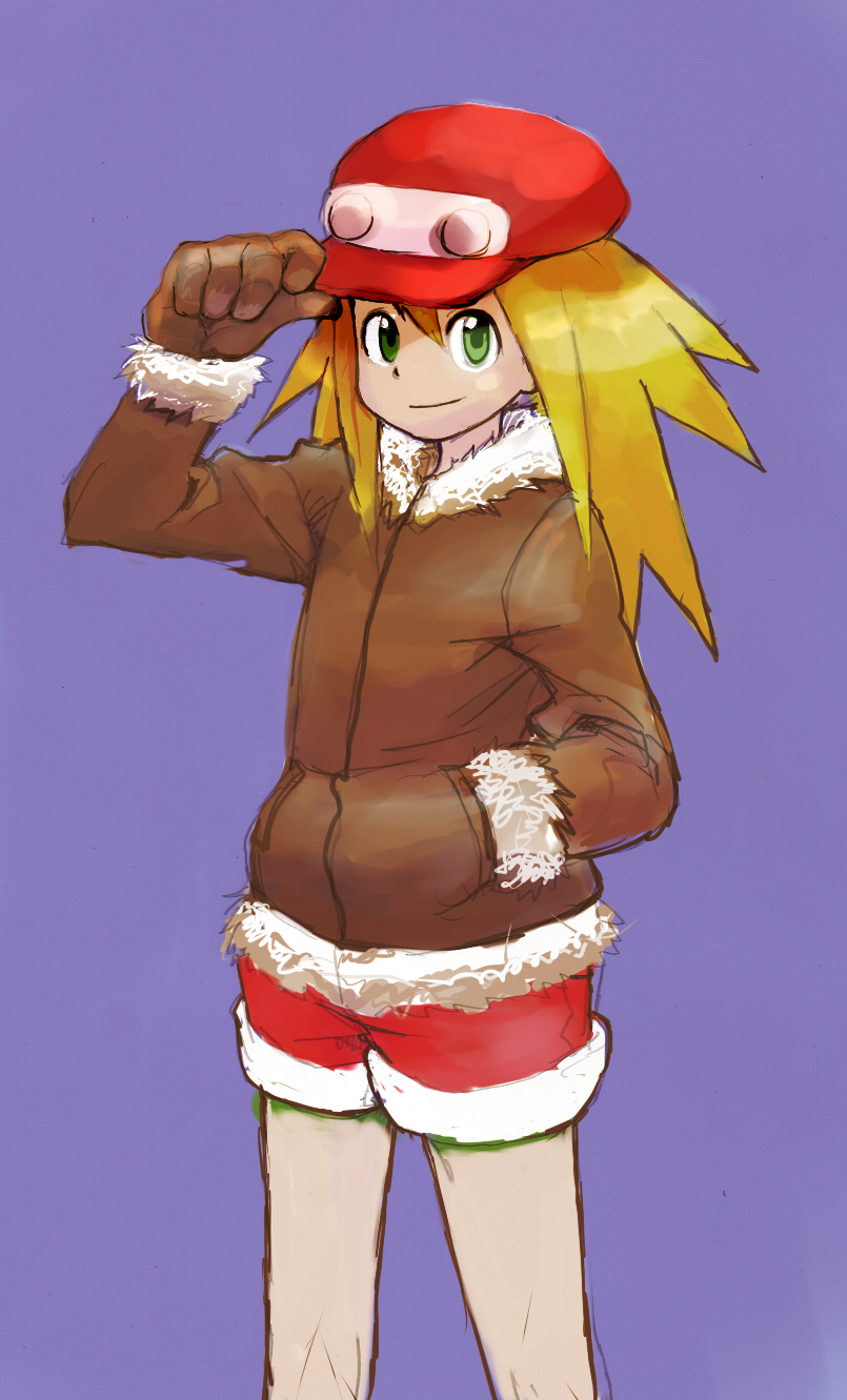 1girl blonde_hair brown_gloves cabbie_hat closed_mouth gloves green_eyes hat highres jacket long_hair looking_at_viewer mega_man_(series) mega_man_legends red_headwear roll_caskett_(mega_man) shorts simple_background smile solo yamamoto_souichirou