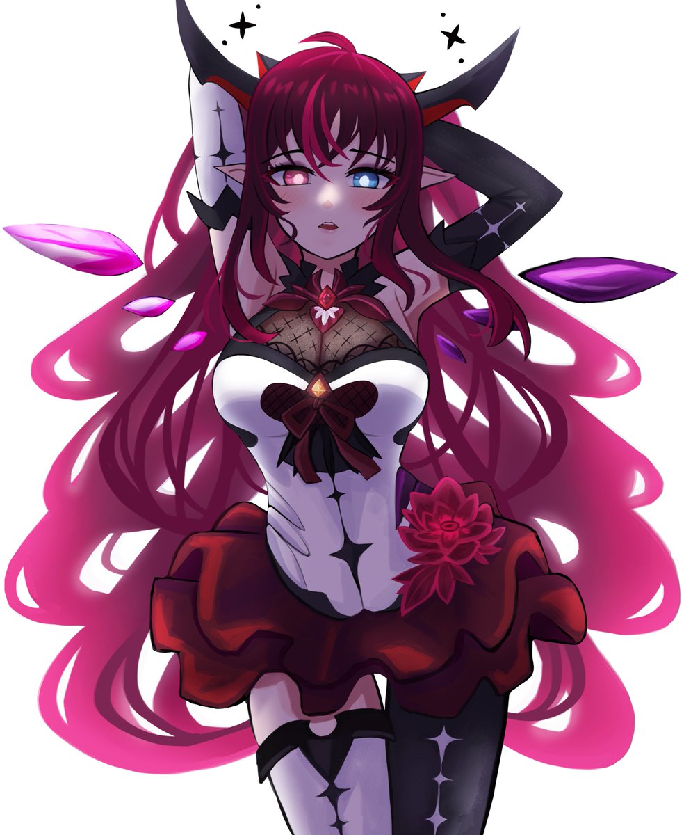 1girl arms_behind_head arms_up blue_eyes blush breasts bright_pupils cowboy_shot detached_wings heterochromia highres hololive hololive_english holomyth horns irys_(hololive) jerrytz large_breasts long_hair looking_at_viewer multiple_horns open_mouth pointing purple_hair red_eyes single_legging solo thighs virtual_youtuber wings