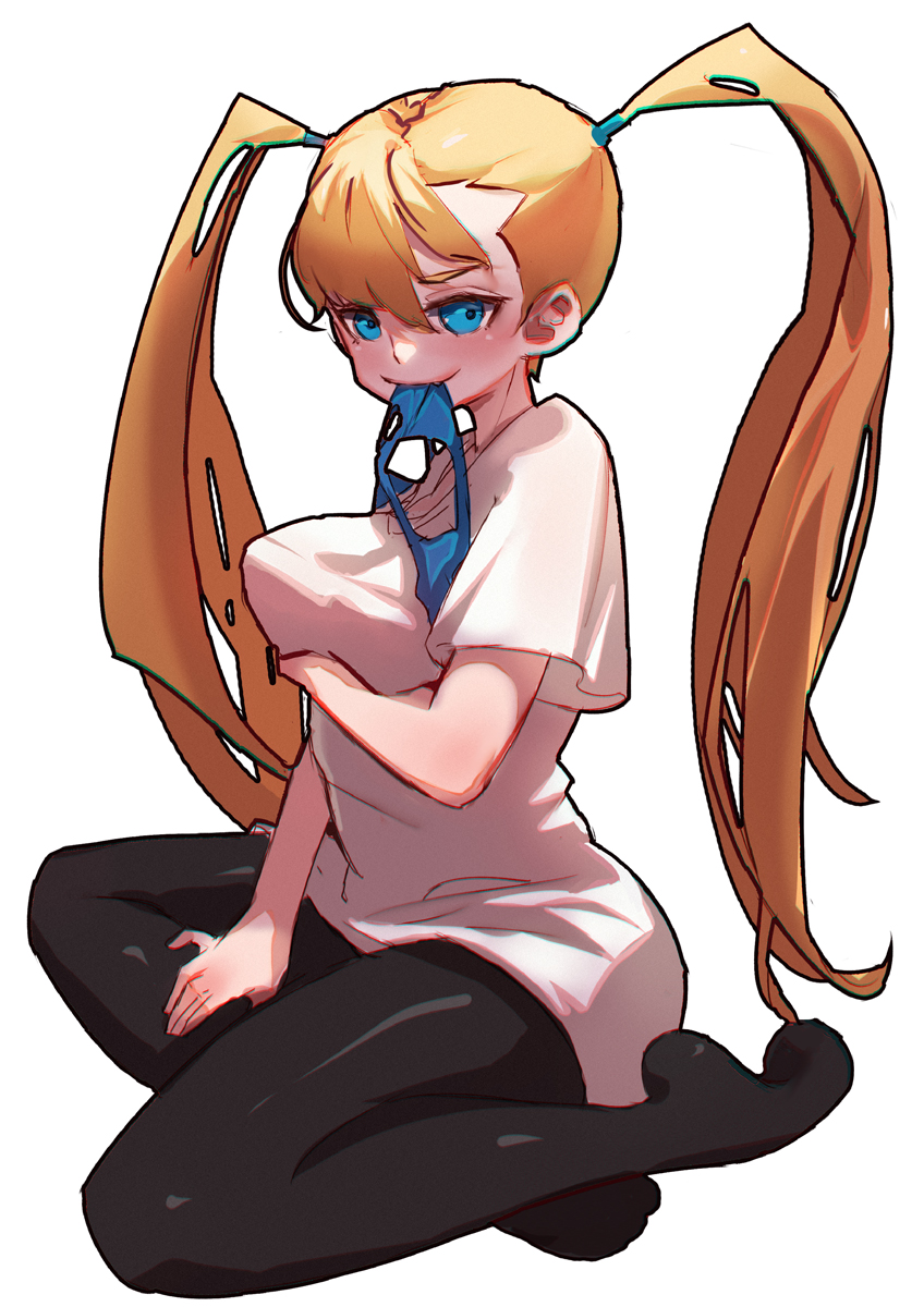 1girl bangs black_legwear blonde_hair blue_eyes breast_hold breast_lift breasts casual fang highres hiroshi_(hiroshixhiss) long_hair looking_at_viewer mask mask_removed medium_breasts mouth_hold pantyhose rainbow_mika shirt sitting solo street_fighter t-shirt twintails very_long_hair white_background white_shirt wrestling_mask