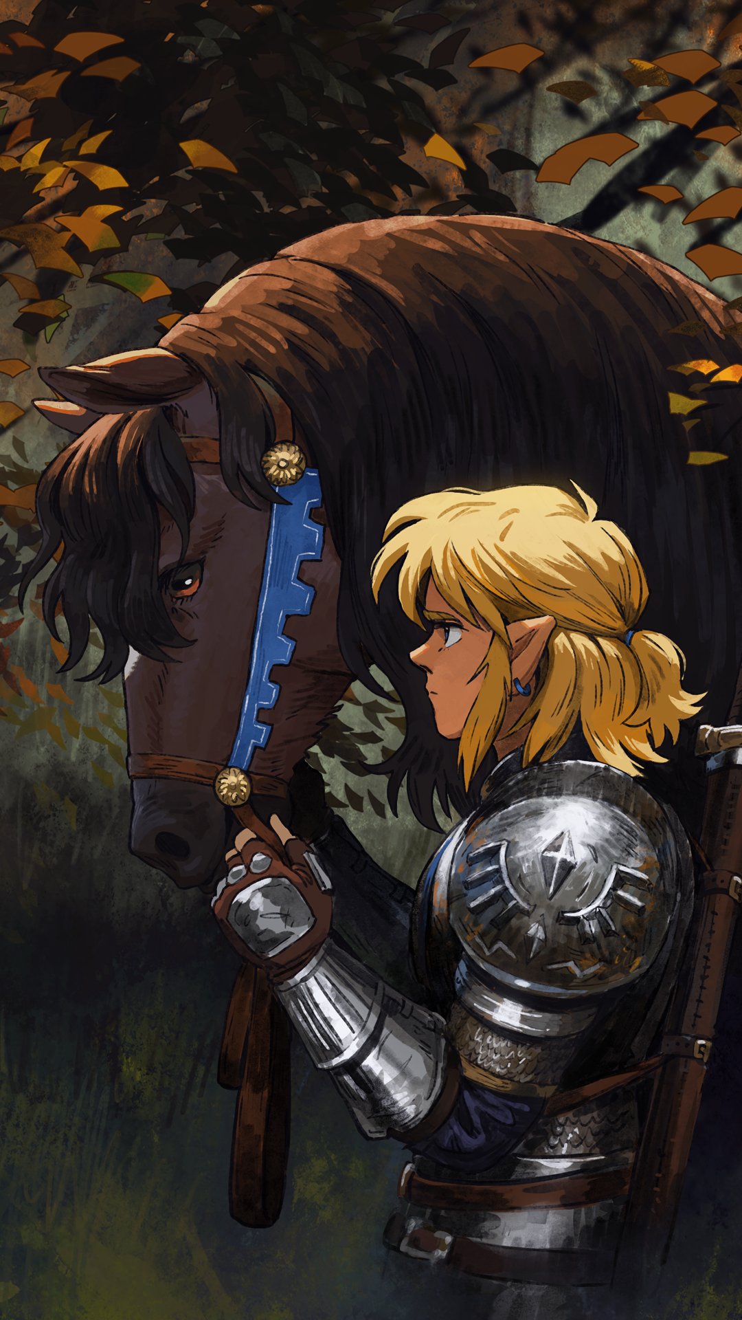 animal armor bangs blonde_hair brown_gloves earrings english_commentary epona fingerless_gloves from_side gloves hand_up highres horse jewelry link looking_at_animal malin_falch outdoors pointy_ears profile scale_armor shiny shoulder_armor sitting the_legend_of_zelda the_legend_of_zelda:_breath_of_the_wild tree