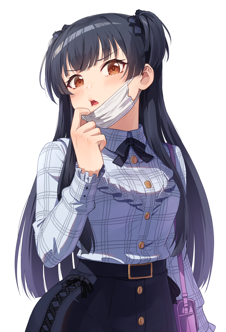 1girl arm_up bag bangs black_neckwear black_ribbon black_skirt blunt_bangs brown_eyes collared_shirt cowboy_shot cross-laced_clothes cross-laced_skirt hair_ribbon handbag hime_cut idolmaster idolmaster_shiny_colors kamille_(vcx68) long_hair long_sleeves looking_at_viewer mask mask_pull mayuzumi_fuyuko mouth_mask open_mouth pink_handbag plaid plaid_shirt pulled_by_self ribbon shirt simple_background skirt solo two_side_up white_background white_shirt