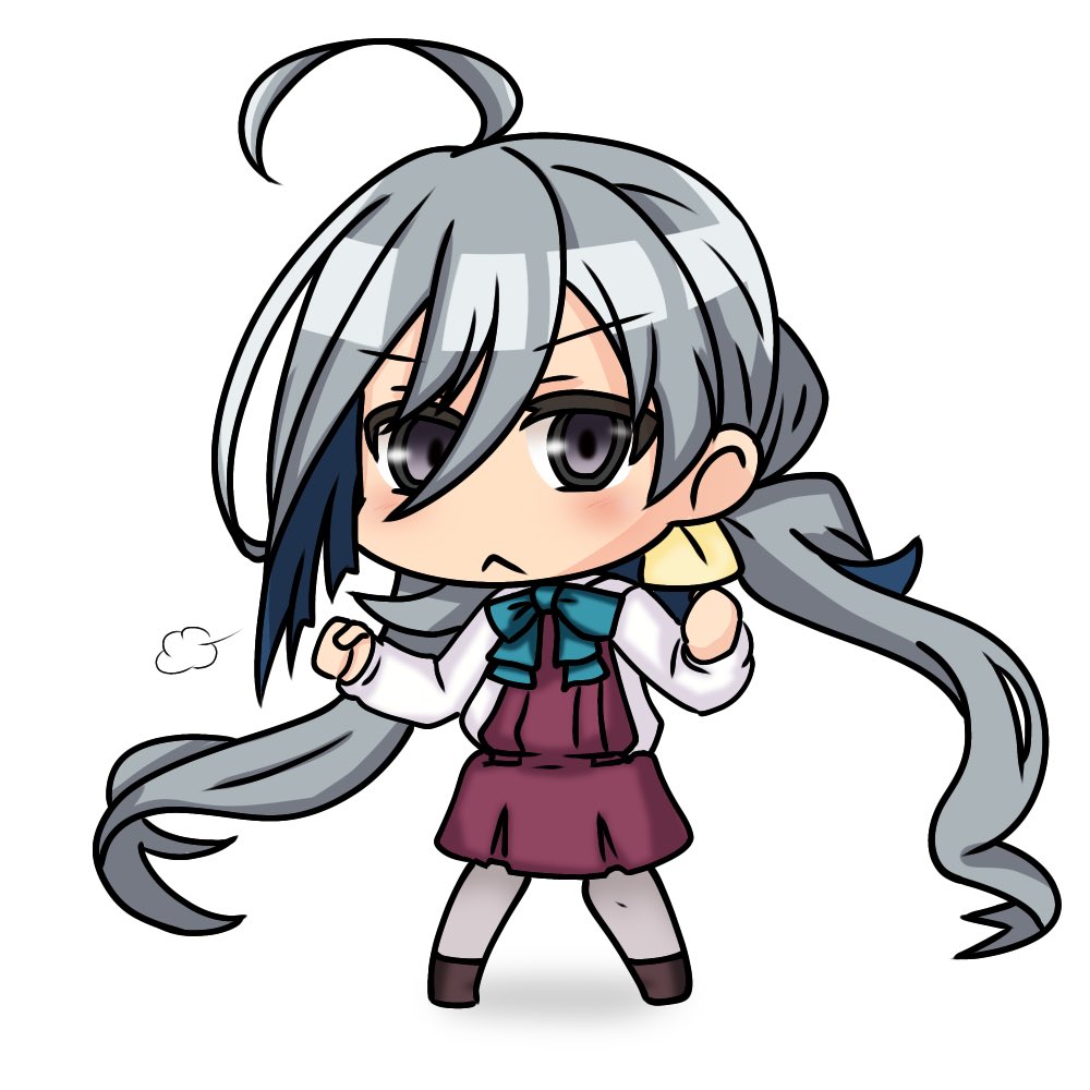 1girl :&lt; =3 ahoge boots bow bowtie chibi clenched_hand cross-laced_footwear dress ganbaru_pose grey_eyes grey_hair grey_legwear hair_between_eyes hair_bun halterneck kantai_collection kiyoshimo_(kancolle) lace-up_boots long_hair looking_at_viewer low_twintails multicolored_hair nemuou pantyhose pleated_dress purple_dress shirt simple_background solo standing twintails very_long_hair white_background white_shirt