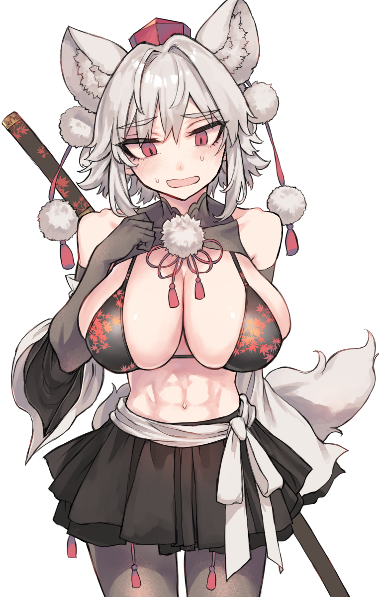1girl abs animal_ear_fluff animal_ears bangs bare_shoulders bikini black_gloves black_legwear breasts commentary_request cowboy_shot detached_sleeves elbow_gloves eyebrows_visible_through_hair gloves hair_between_eyes hand_on_own_chest highres inubashiri_momiji katana large_breasts long_sleeves looking_at_viewer navel pantyhose sheath sheathed short_hair silver_hair simple_background solo swimsuit sword touhou tsukeo weapon white_background wide_sleeves wolf_ears