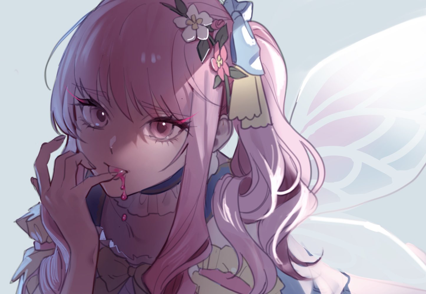 1girl akiyama_mizuki bangs dress eyebrows_visible_through_hair eyelashes fairy_wings grey_background hair_ornament kushami_deso licking licking_finger looking_at_viewer pink_eyes pink_hair ponytail project_sekai side_ponytail sidelocks simple_background solo tongue upper_body wings