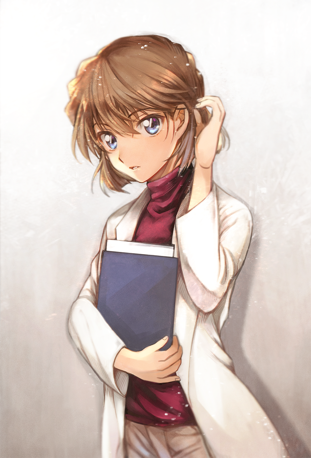 1girl bangs blue_eyes brown_hair brown_pants commentary cowboy_shot english_commentary eyebrows_visible_through_hair fingernails folder gradient gradient_background hand_up highres holding holding_folder labcoat long_sleeves looking_at_viewer meitantei_conan miyano_shiho naro_(naro_760) pants paper parted_lips red_sweater shadow short_hair simple_background solo standing sweater turtleneck turtleneck_sweater