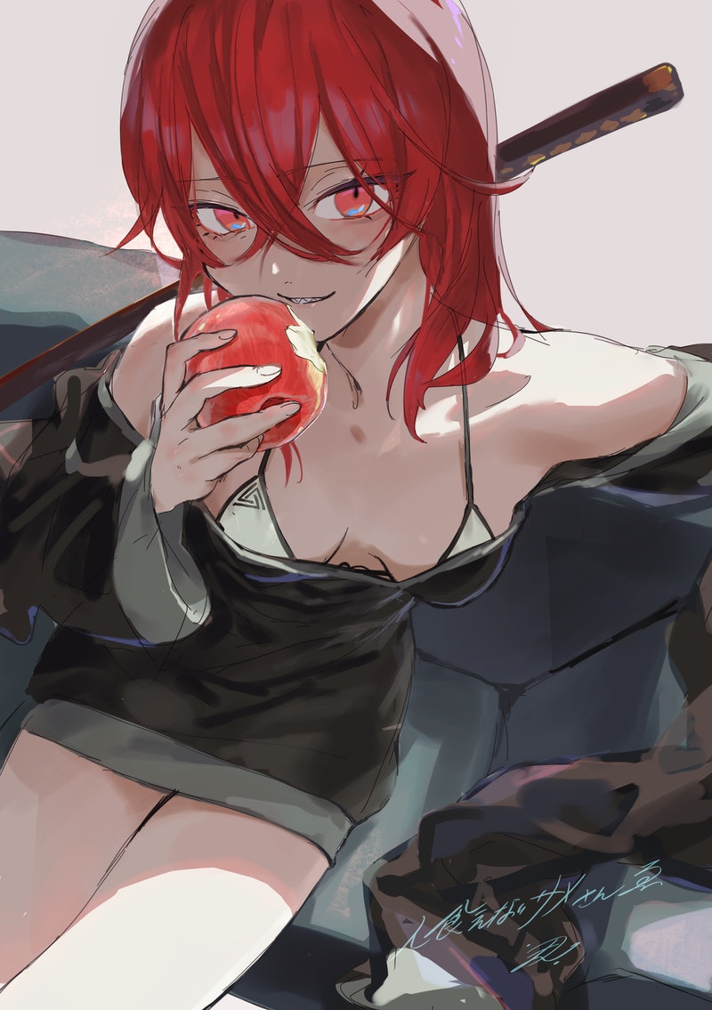 1girl apple bangs black_dress bra breasts couch crossed_bangs dress food food_bite from_above fruit grin hair_between_eyes holding holding_food holding_fruit katana long_sleeves looking_at_viewer medium_breasts on_couch original red_apple red_eyes redhead sharp_teeth short_dress sitting smile smug solo sword teeth tentsuu_(tentwo) underwear vrchat weapon white_bra