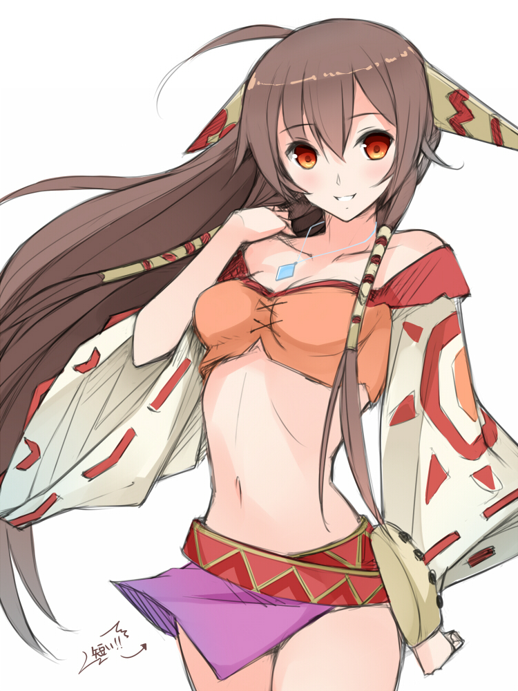 1girl breasts brown_hair cosplay feena_(grandia) grandia grandia_i hair_tubes jewelry long_hair looking_at_viewer low-tied_long_hair midriff mkmkproject navel necklace simple_background skirt smile solo virtual_youtuber white_background yaezawa_natori