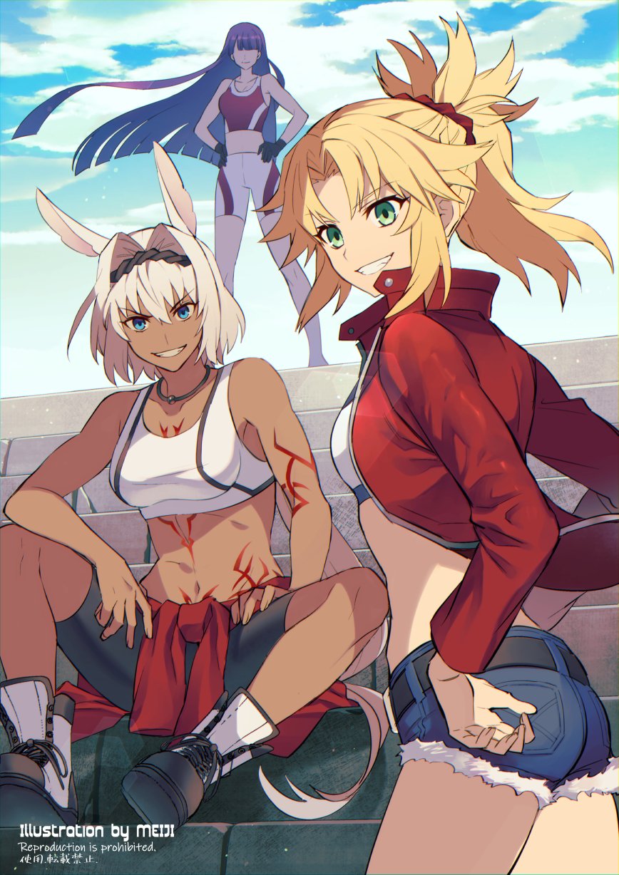 3girls animal_ears artist_name bangs bare_shoulders blonde_hair blue_eyes blunt_bangs blunt_ends breasts caenis_(fate) clouds collarbone commentary_request cowboy_shot dark-skinned_female dark_skin day denim denim_shorts eyebrows_visible_through_hair fate/grand_order fate_(series) full_body green_eyes hair_between_eyes hands_on_hips highres jewelry long_hair long_sleeves looking_at_viewer martha_(fate) medium_breasts meiji_ken midriff mordred_(fate) mordred_(fate/apocrypha) multiple_girls navel necklace outdoors ponytail short_hair shorts sitting sitting_on_stairs sky sleeveless small_breasts stairs stomach tattoo teeth very_long_hair watermark white_hair