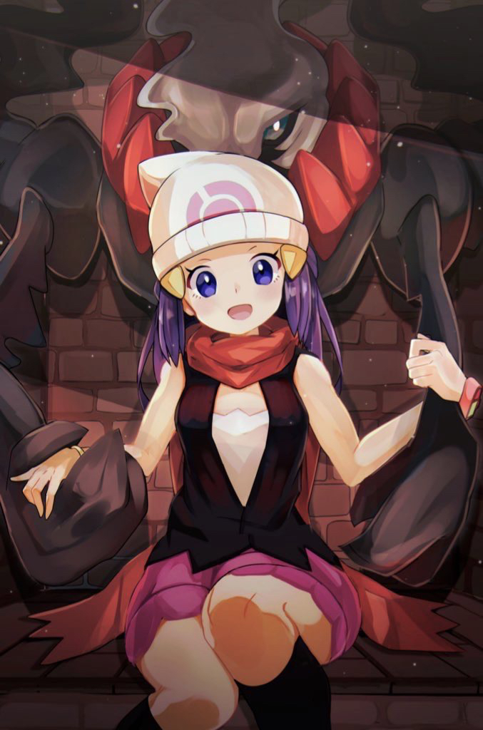 1girl beanie black_legwear commentary_request darkrai hikari_(pokemon) eyelashes hair_ornament hairclip hat kneehighs knees long_hair looking_at_viewer mythical_pokemon open_mouth pokemon pokemon_(creature) pokemon_(game) pokemon_dppt purple_hair scarf shirt skirt sleeveless sleeveless_shirt smile tongue umiru violet_eyes white_headwear