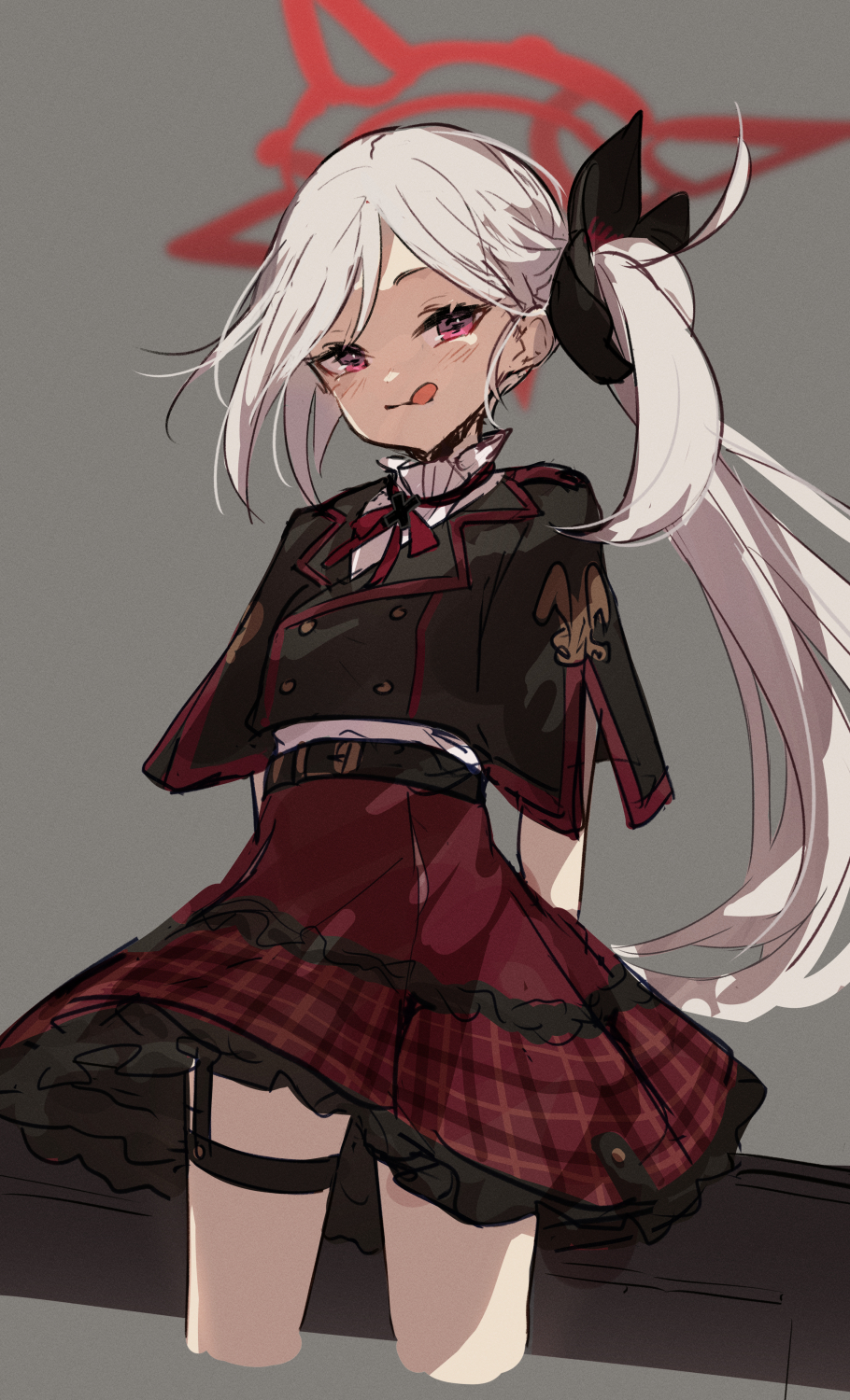 1girl black_flower black_jacket blue_archive closed_mouth cropped_legs flower grey_background grey_hair hair_flower hair_ornament halo highres jacket licking_lips long_hair looking_at_viewer makihitsuji mutsuki_(blue_archive) plaid plaid_skirt red_eyes red_skirt shirt side_ponytail simple_background skirt smile solo tongue tongue_out very_long_hair white_shirt