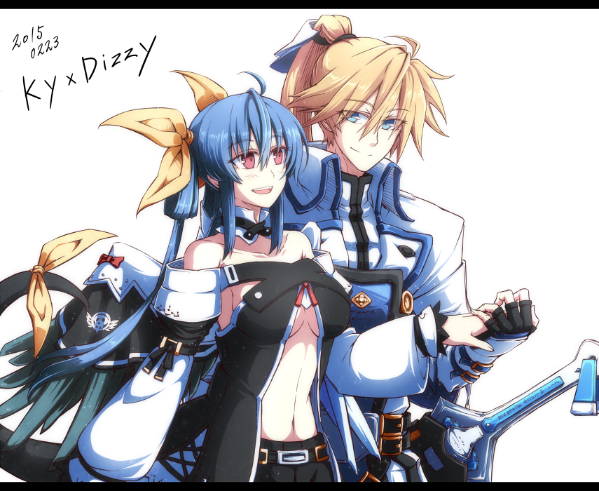 bangs bare_shoulders belt blonde_hair blue_hair breasts character_name choker collarbone couple dated detached_sleeves dizzy_(guilty_gear) english_text guilty_gear guilty_gear_vastedge_xt guilty_gear_xrd hair_between_eyes hair_ribbon holding_hands kuro_goma_(kakkou11) ky_kiske looking_at_another midriff navel open_mouth ponytail ribbon sheath sheathed short_shorts shorts sideboob simple_background skull_print sword tail tail_ornament tail_ribbon twintails weapon white_background yellow_ribbon