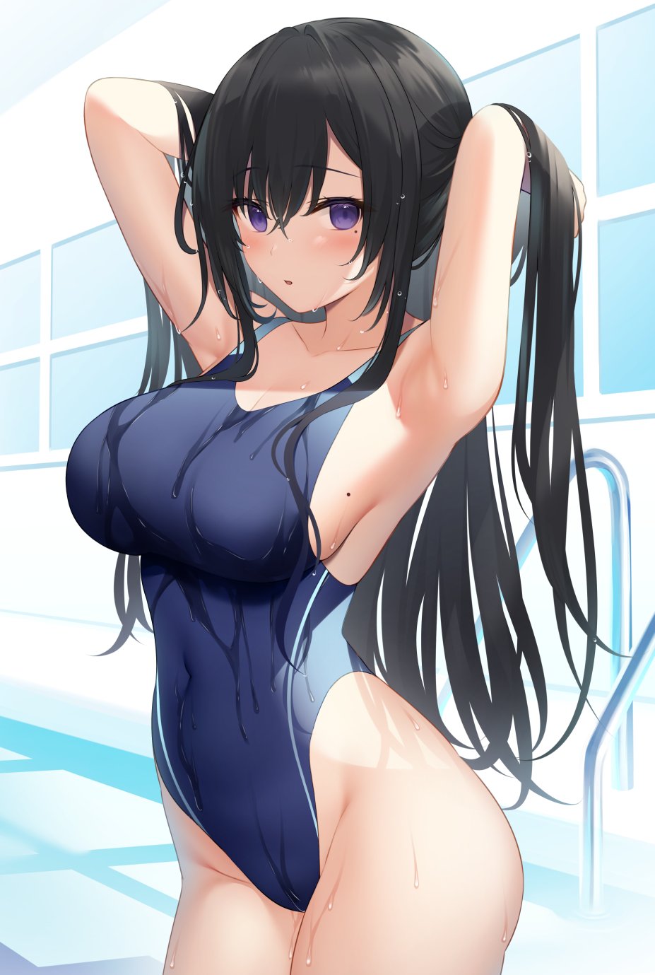 1girl armpits arms_behind_head arms_up black_hair blue_swimsuit breasts covered_navel cowboy_shot highleg highleg_swimsuit highres large_breasts long_hair looking_at_viewer miko_(royal_milk) mole mole_on_breast mole_under_eye original parted_lips sideboob solo standing swimsuit thighs violet_eyes wet wet_clothes wet_swimsuit