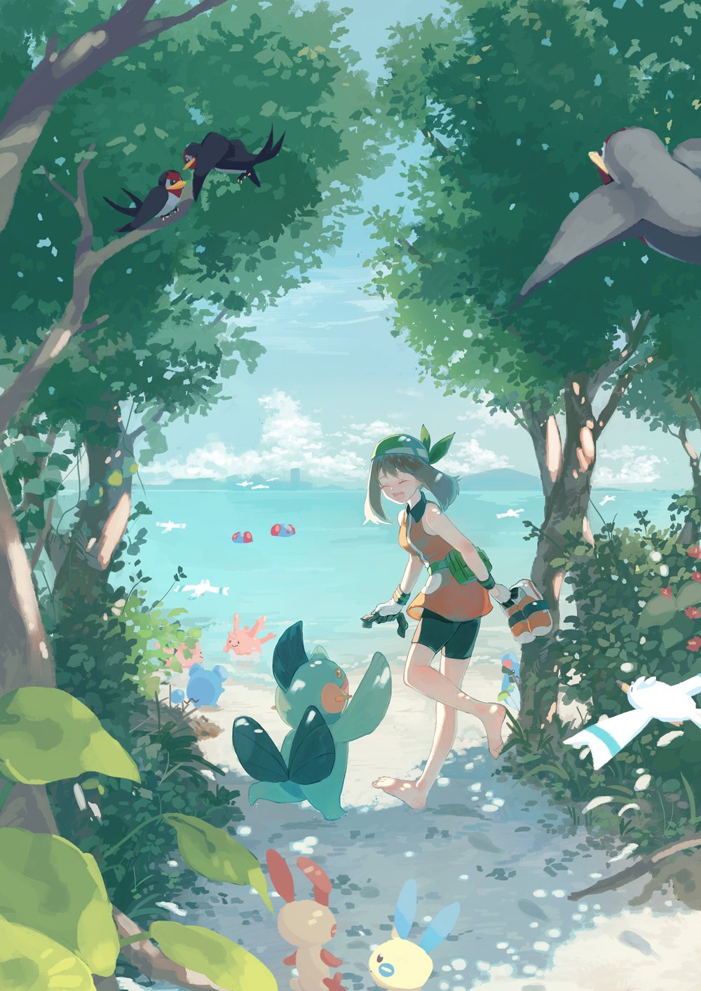 1girl barefoot bike_shorts bird brown_hair bush commentary_request corsola dress fanny_pack green_bag green_bandana highres holding holding_clothes holding_footwear marill marshtomp may_(pokemon) minun namiri orange_dress plusle pokemon pokemon_(creature) pokemon_(game) pokemon_emerald pokemon_rse sand shoes shoes_removed sleeveless sleeveless_dress standing taillow tentacool toes tree wingull