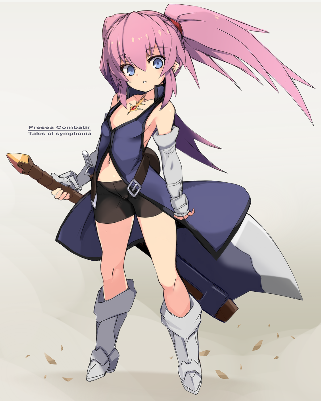 1girl :o armored_boots axe bangs bare_shoulders battle_axe bike_shorts black_shorts blue_eyes blue_jacket boots character_name collarbone copyright_name elbow_gloves eyebrows_visible_through_hair gloves grey_background hair_between_eyes highres holding holding_axe jacket karukan_(monjya) knee_boots long_hair looking_at_viewer parted_lips pink_hair presea_combatir short_shorts shorts solo standing tales_of_(series) tales_of_symphonia twintails weapon white_footwear white_gloves