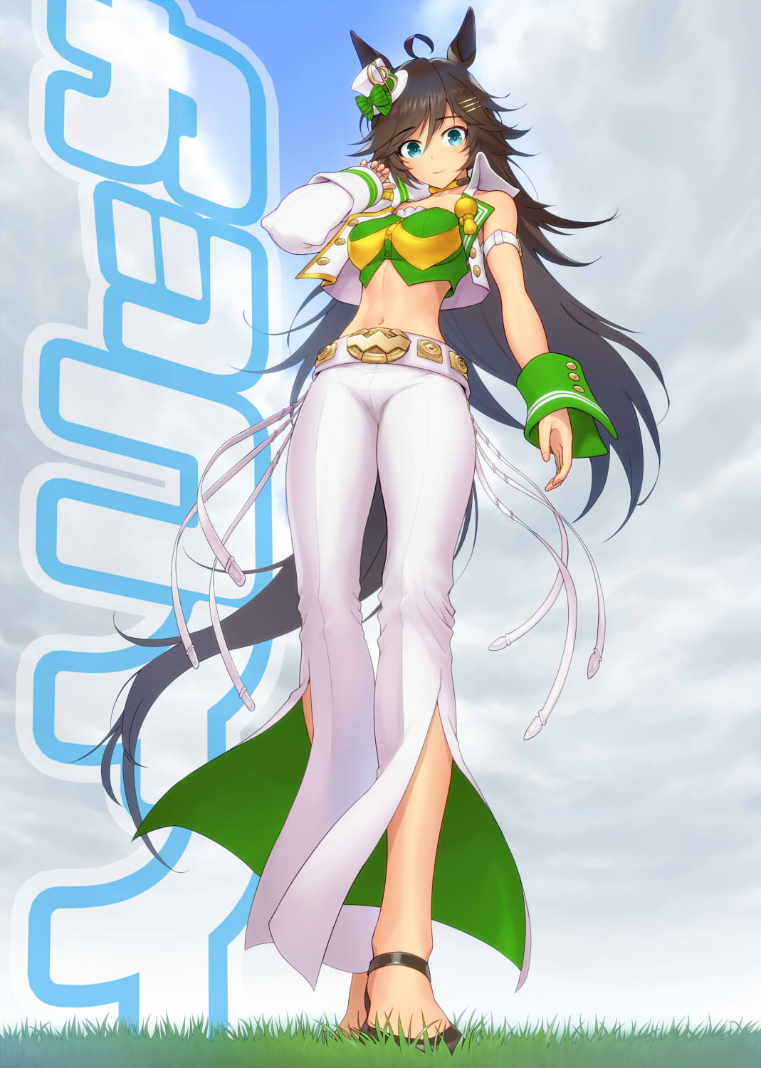 1girl animal_ears arm_strap background_text bangs bellbottoms belt black_footwear black_hair blue_eyes blue_sky bow brown_hair closed_mouth clouds cloudy_sky commentary cropped_jacket day flats full_body grass green_bow green_shirt hair_ornament hairclip hand_in_hair hat hat_bow highres horse_ears horse_girl horse_tail long_hair looking_at_viewer midriff mr._c.b._(umamusume) navel outdoors pants shirt single_sleeve sky sleeveless sleeveless_shirt smile solo standing swept_bangs tail tilted_headwear translated umamusume wata_do_chinkuru white_belt white_headwear white_pants wrist_cuffs