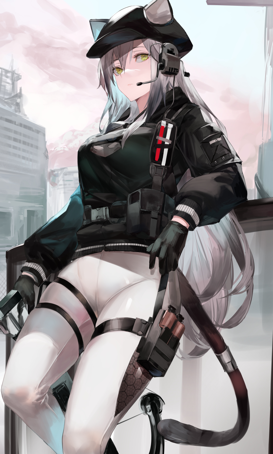 animal_ears arknights black_gloves black_headwear black_shirt blazpu breasts building cat_ears cat_tail ears_through_headwear feet_out_of_frame gloves grey_hair hair_between_eyes hat headset highres holding implied_extra_ears long_hair looking_at_viewer medium_breasts official_alternate_costume outdoors pantyhose schwarz_(arknights) schwarz_(skyline)_(arknights) shirt skyscraper standing tail thigh_pouch thigh_strap white_legwear yellow_eyes