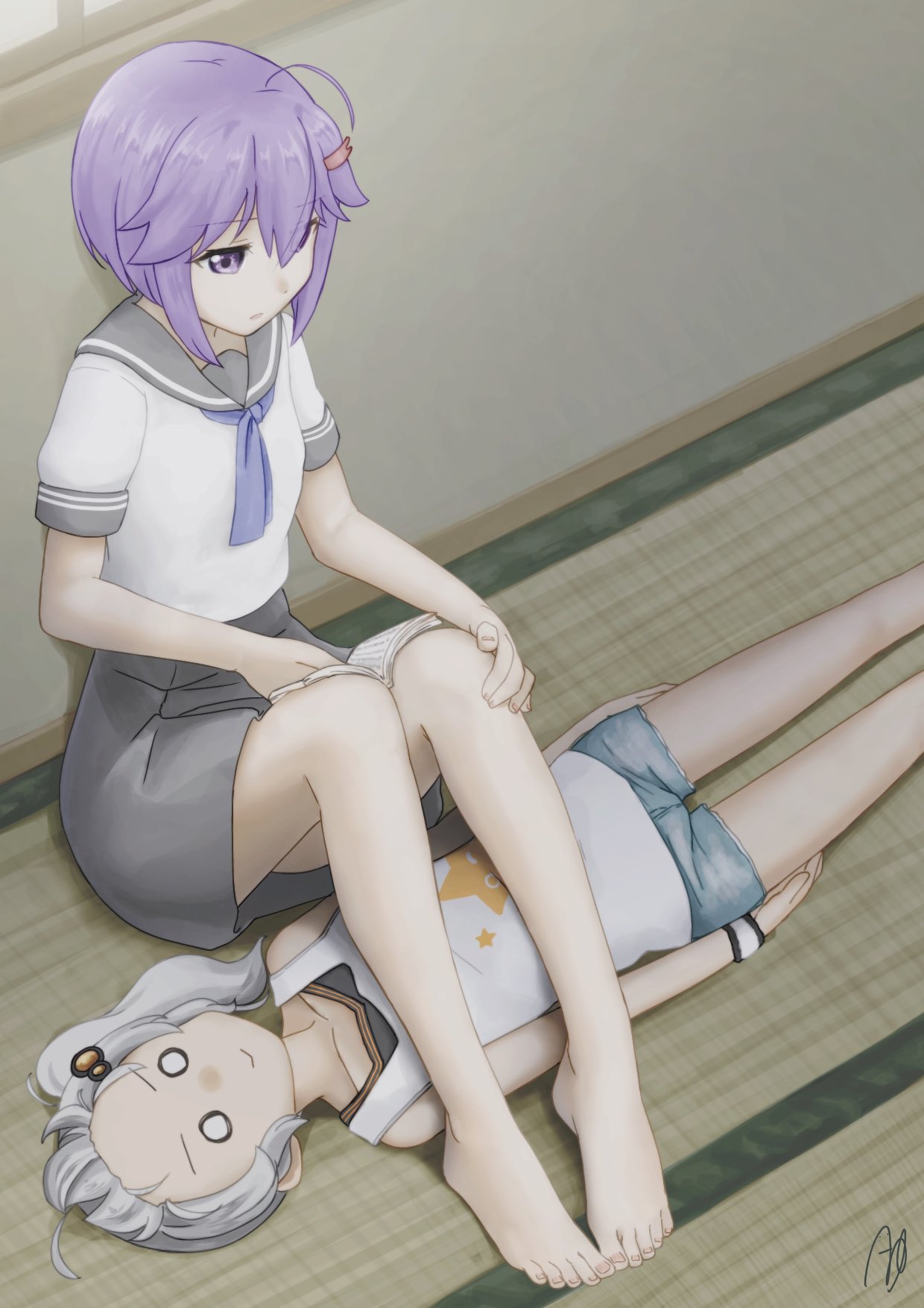 2girls :&gt; ahoge arms_at_sides blue_neckwear book book_on_lap cevio collar collarbone commentary denim denim_shorts forehead grey_collar grey_hair grey_skirt hair_ornament hairclip highres indoors kizuna_akari looking_down lying miniskirt multiple_girls necktie o_o on_back open_book purple_hair reading sailor_collar school_uniform serafuku shirt short_hair short_shorts short_sleeves shorts skirt smile star_(symbol) star_print t-shirt tank_top tatami violet_eyes vocaloid voiceroid window wristband yukkuri_bitto yuzuki_yukari yuzuki_yukari_(shizuku)