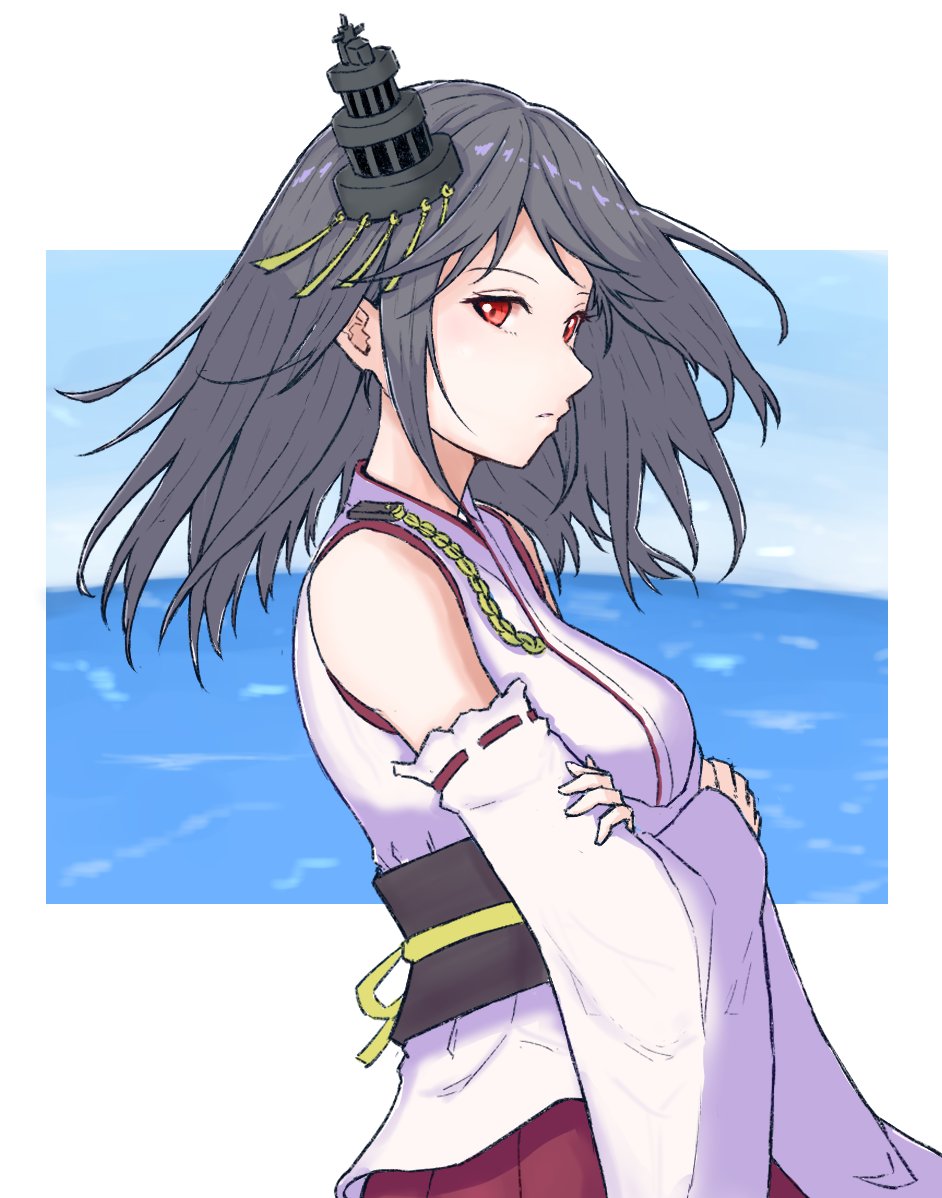 1girl black_hair blue_sky clouds commentary_request cowboy_shot crossed_arms day detached_sleeves hair_ornament horizon japanese_clothes kantai_collection looking_at_viewer medium_hair minase00 ocean red_eyes red_skirt skirt sky solo wide_sleeves yamashiro_(kancolle)